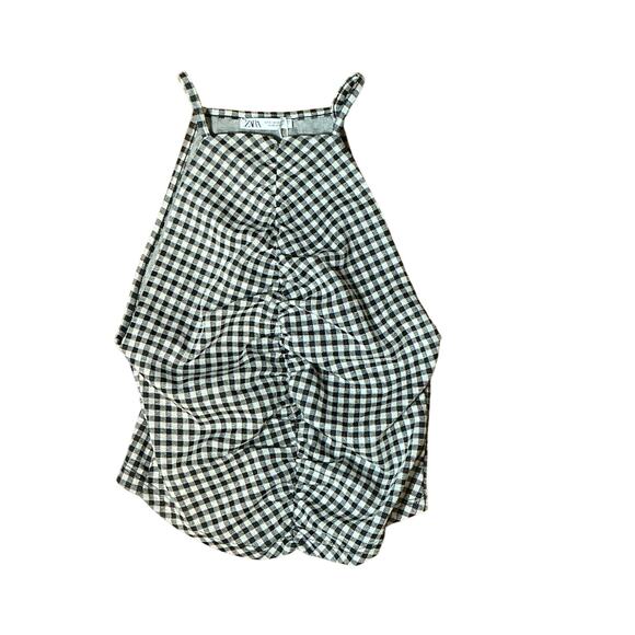 ZARA Gingham Checkered Ruched Halter Sexy Tank Top Black/White Women's Small NWT - Picture 2 of 7